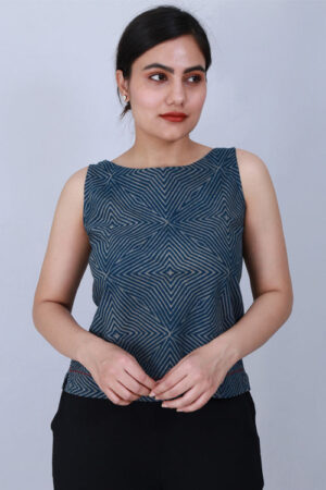 Dharan 'Crop Top' Indigo Block Printed Top