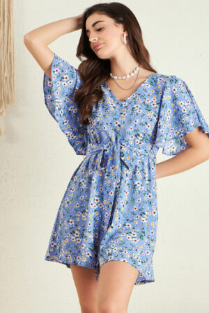 Berrylush Women Blue & White Floral Printed V-Neck Tie-Up Waist Keyhole Back Ruffled Mini Jumpsuit