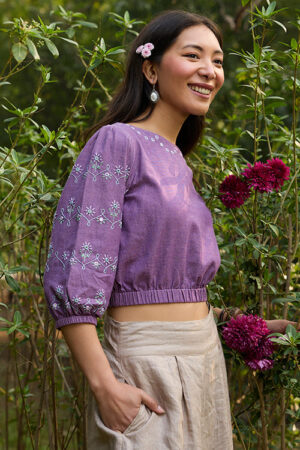 Okhai 'Oorja' Hand-Embroidery and Mirrorwork Pure Cotton Purple Top