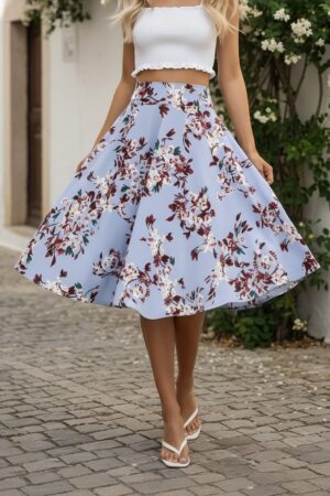 Berrylush Women Blue & Red Floral Printed Flared A-line Midi Skirt