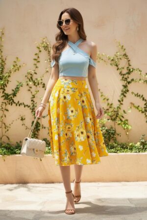 Berrylush Women Yellow & Green Floral Printed High-Rise Waist Slip-On Pleated A-Line Midi Skirt
