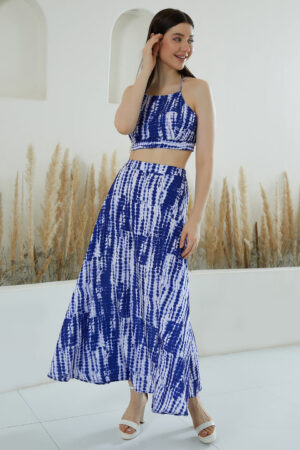 Berrylush Women Blue & White Tie-Dye Printed Halter Neck Backless Crop Top & Thigh-High Slit Maxi Skirt Co-Ordinate Set