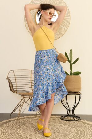 Berrylush Women Blue & White Floral Printed High-Rise Waist Slip-On Asymmetrical Hem Pleated Wrap Midi Skirt