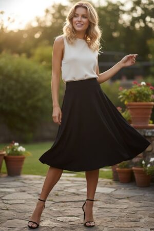 Berrylush Women Solid Black Flared A-Line Midi Skirt