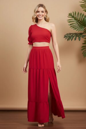Berrylush Women Solid Red One-Shoulder Neck Puff Sleeves Cropped Top & High-Rise Waist Thigh-High Slit Pleated Maxi Skirt Co-Ord Set
