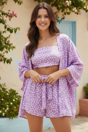 Berrylush Women Purple & White Abstract Polka Dot Printed Square Neck Crop Top & Tie-Up Front Mini Shorts With Shrug