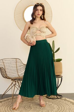 Berrylush Women Solid Green High-Rise Waist Zipper-Up Straight Hem Pleated Maxi Skirt