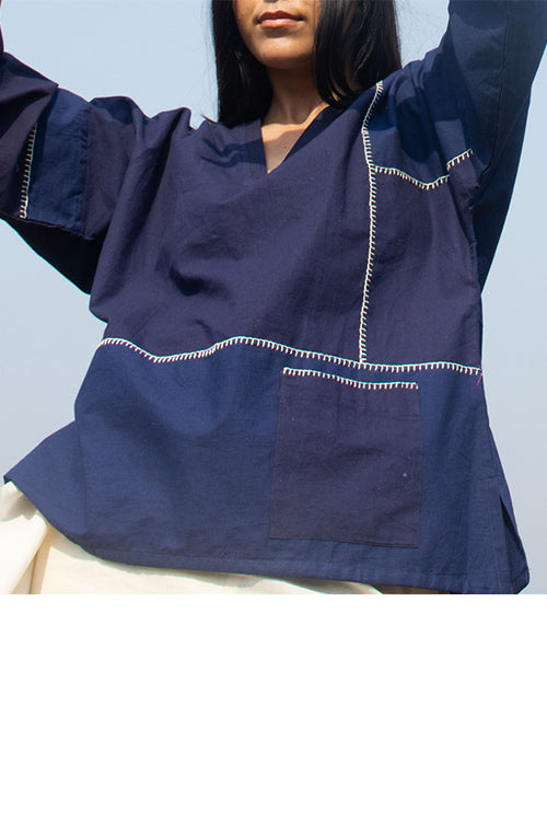 Patch Over Patch Indigo Classic V Neck Top - Image 2