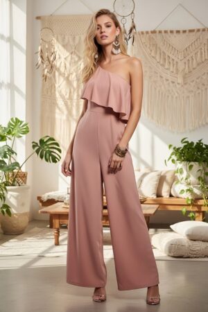 Berrylush Women Solid Light Pink One-Shoulder Neck Sleeveless Ruffled Detail Wide-Leg Layered Maxi Jumpsuit