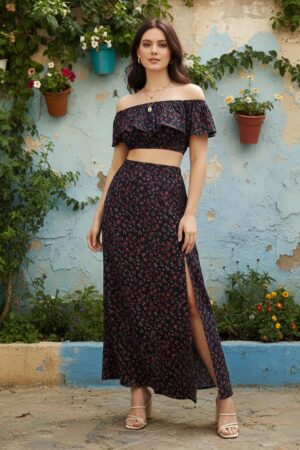 Berrylush Women Navy Blue Floral Off-Shoulder Co-Ordinate Maxi Dress