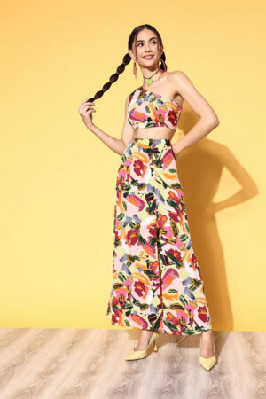 Berrylush Women Pink Abstract Printed One-Shoulder Neck Thigh-High Slit Maxi Co-Ordinate Set