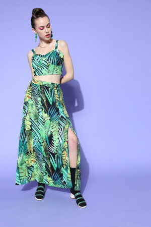 Berrylush Women Green & Yellow Floral Printed Sweetheart Neck Thigh-High Slit A-Line Maxi Co-Ordinate Set