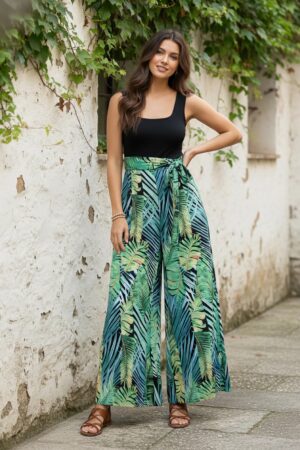 Berrylush Women Black & Green Tropical Printed Square Neck Sleeveless Scoop Back Waist Tie-Up Wide-Leg Pleated Maxi Jumpsuit