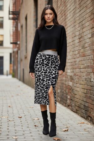 Berrylush Women Black & White Animal Printed High-Rise Waist Acrylic Thigh-High Slit Straight Hem Knitted Bodycon Midi Skirt