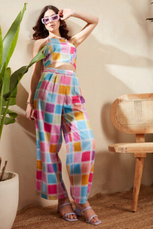 Berrylush Women Blue, Pink, & White Colourblock Printed Halter Neckline Tie-Up Backless Cropped Top & Wide Leg Pants Co-Ord Set