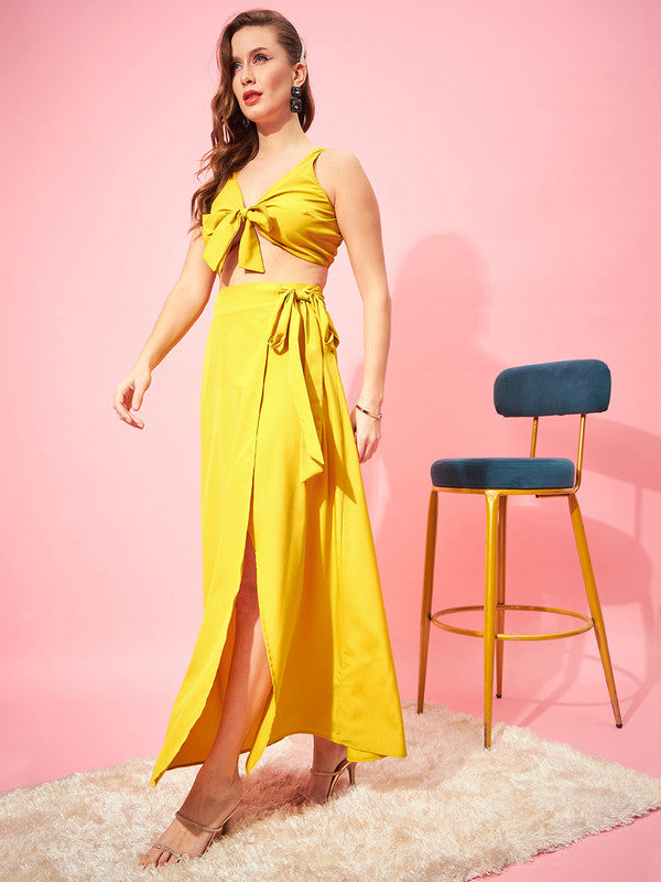 Berrylush Women Solid Yellow V-Neck Front & Waist Tie-Up Sleeveless Cropped Top & Wrap Maxi Skirt Co-Ord Set - Image 2