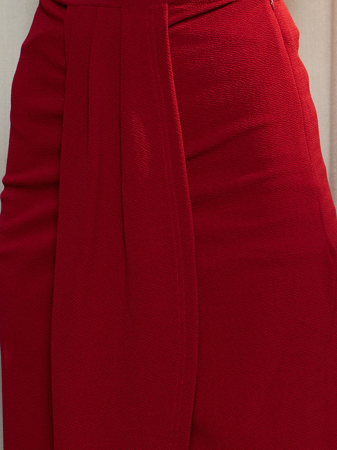 Berrylush Women Solid Red High-Rise Waist Slip-On Tulip Hem Front Thigh-High Slit Pleated Midi Skirt - Image 4