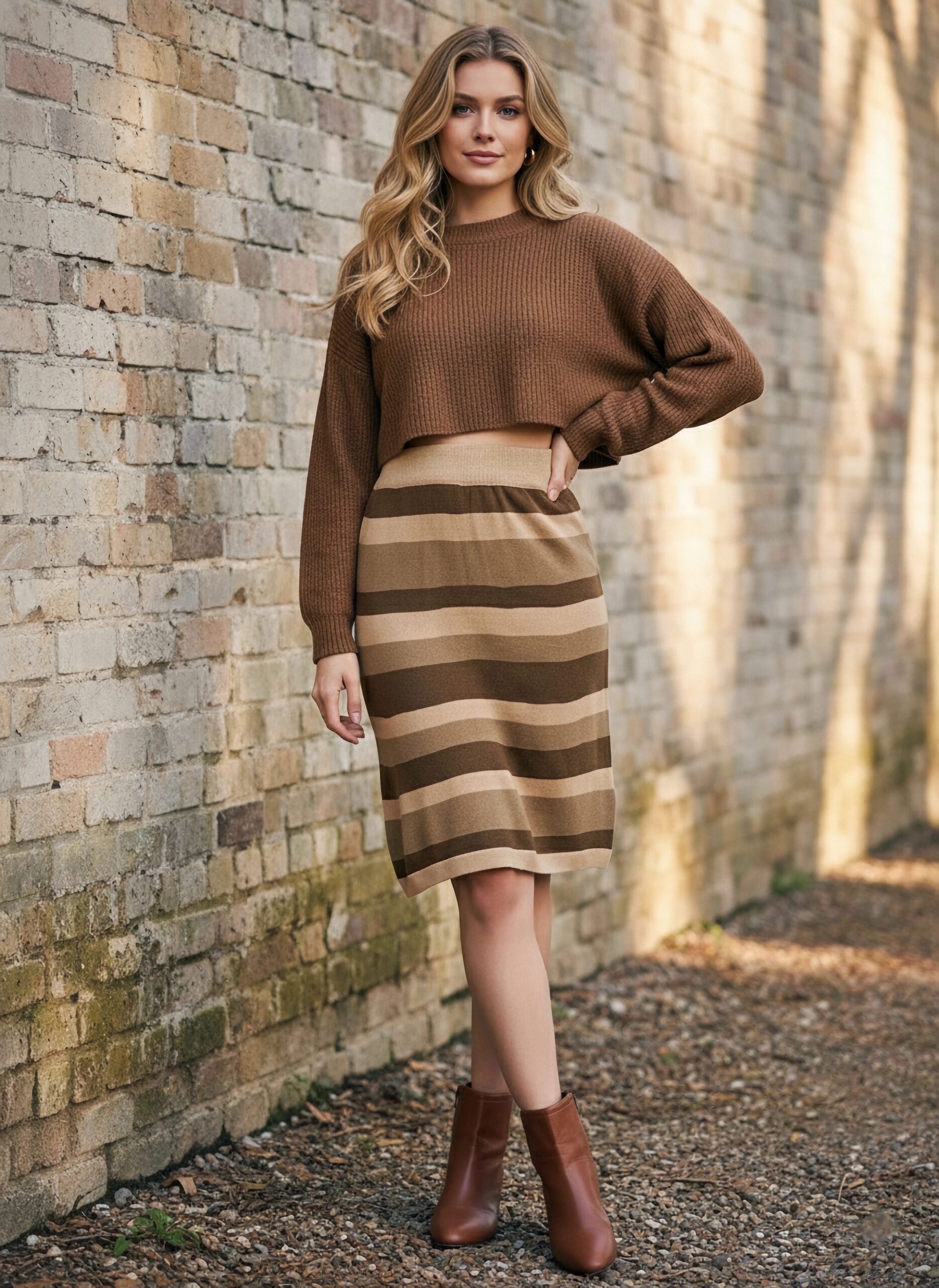 Berrylush Women Colourblocked Beige & Brown High-Rise Waist Acrylic Straight Hem Knitted Pencil Midi Skirt - Image 5