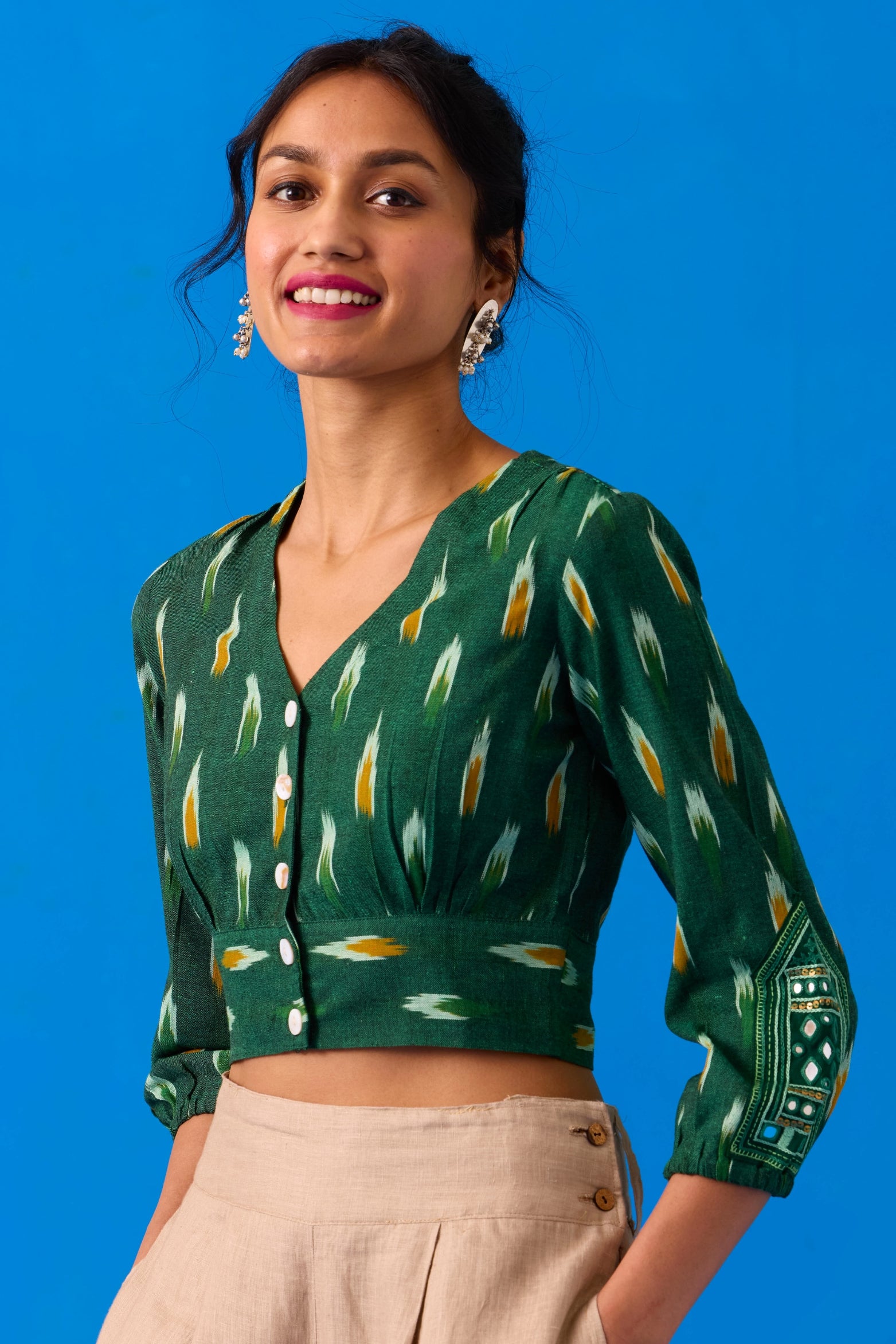 Okhai Verdine Hand-Embroidered Mirrorwork Pure Cotton Ikkat Green Top - Image 2