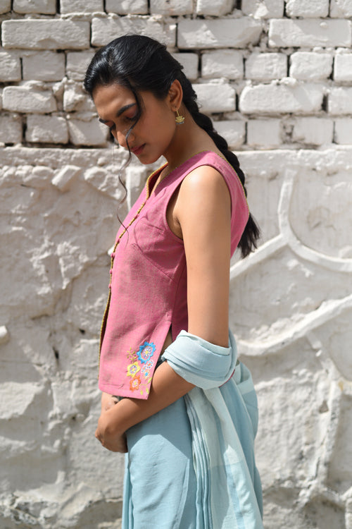 Rangsutra Cheenth Sleeveless Pink Blouse With Pucca Embroidery - Image 5