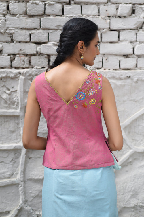 Rangsutra Cheenth Sleeveless Pink Blouse With Pucca Embroidery - Image 3