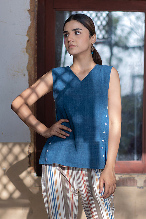 Creative Bee 'CALM' Handwoven Natural Dyed Indigo Cotton Sleeveless Top - Image 4