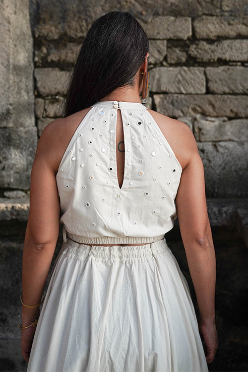 Okhai Peony Mirrorwork Off White Pure Cotton Halterneck Blouse - Image 3