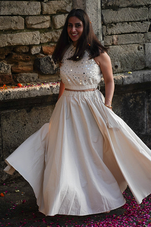 Okhai Peony Mirrorwork Off White Pure Cotton Halterneck Blouse - Image 8
