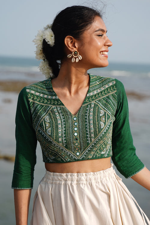 Okhai Lush Canopy Hand-Embroidery and Mirrorwork Pure Cotton Green Blouse