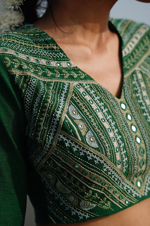 Okhai Lush Canopy Hand-Embroidery and Mirrorwork Pure Cotton Green Blouse - Image 2
