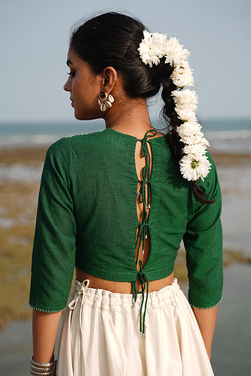 Okhai Lush Canopy Hand-Embroidery and Mirrorwork Pure Cotton Green Blouse - Image 3