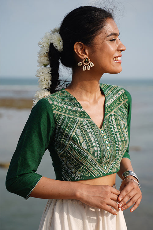 Okhai Lush Canopy Hand-Embroidery and Mirrorwork Pure Cotton Green Blouse - Image 4