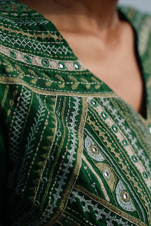 Okhai Lush Canopy Hand-Embroidery and Mirrorwork Pure Cotton Green Blouse - Image 5