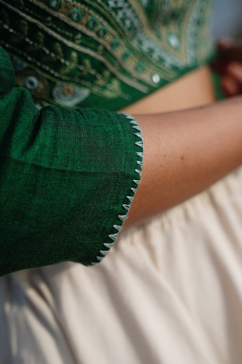Okhai Lush Canopy Hand-Embroidery and Mirrorwork Pure Cotton Green Blouse - Image 6