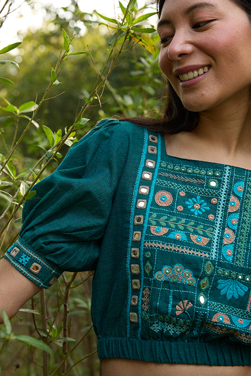 Okhai Eden Hand-Embroidery and Mirrorwork Pure Cotton Green Blouse - Image 2