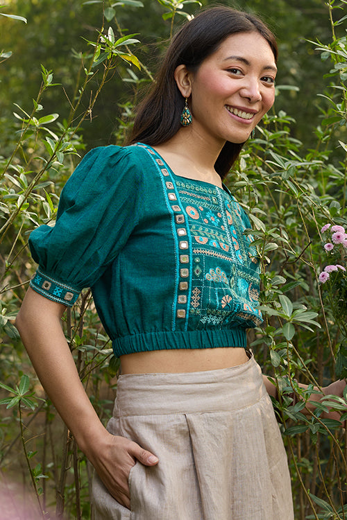 Okhai Eden Hand-Embroidery and Mirrorwork Pure Cotton Green Blouse - Image 3