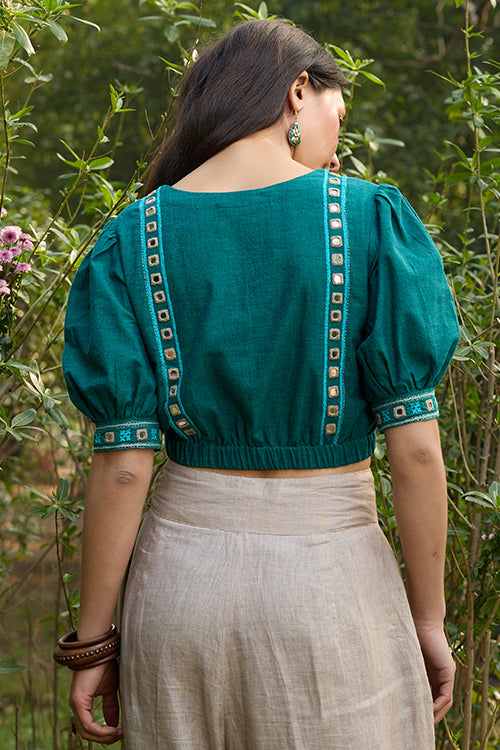 Okhai Eden Hand-Embroidery and Mirrorwork Pure Cotton Green Blouse - Image 4