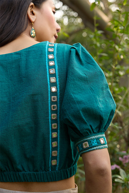 Okhai Eden Hand-Embroidery and Mirrorwork Pure Cotton Green Blouse - Image 5