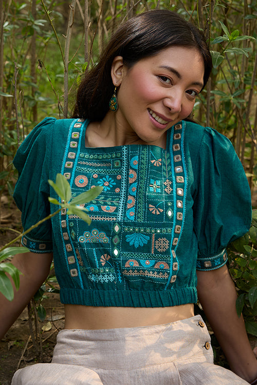 Okhai Eden Hand-Embroidery and Mirrorwork Pure Cotton Green Blouse - Image 6