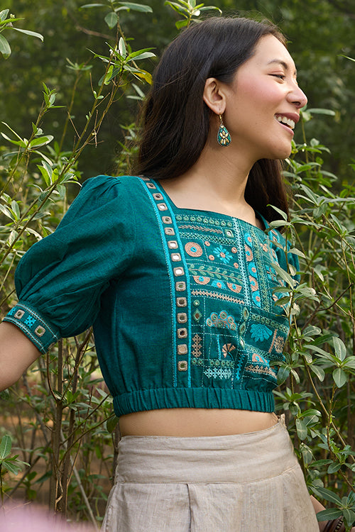 Okhai Eden Hand-Embroidery and Mirrorwork Pure Cotton Green Blouse - Image 7