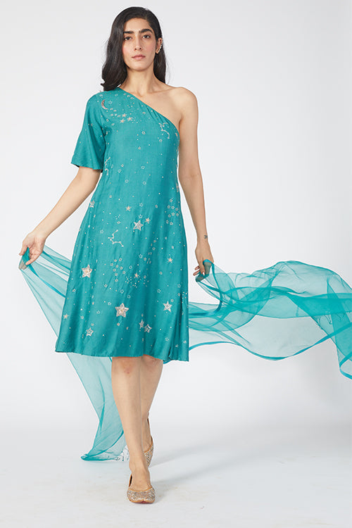 Okhai 'Stellar' Embroidered One Shoulder Dress With Dupatta - Image 3