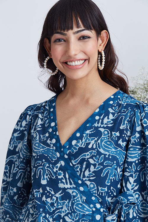 Okhai 'Sea Life' Hand Block Printed Pure Cotton Wrap Dress - Image 2