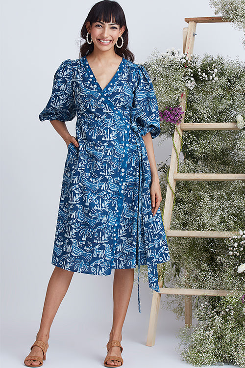 Okhai 'Sea Life' Hand Block Printed Pure Cotton Wrap Dress - Image 3