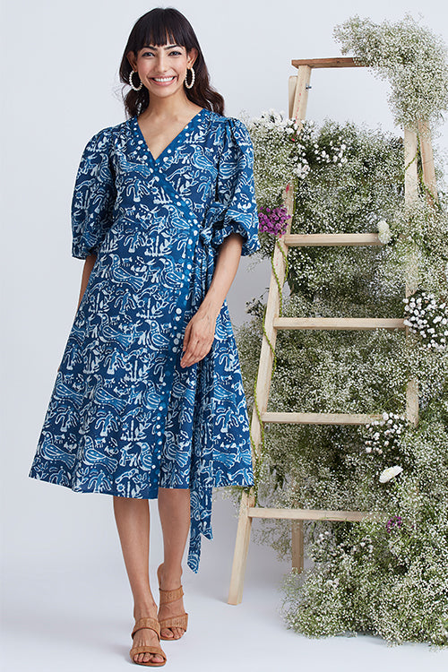 Okhai 'Sea Life' Hand Block Printed Pure Cotton Wrap Dress - Image 4