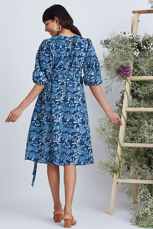 Okhai 'Sea Life' Hand Block Printed Pure Cotton Wrap Dress - Image 5