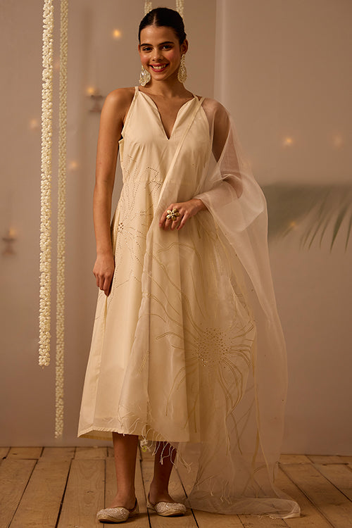 Okhai Embellish Mukaish and Khaat Bharat work Dress with Dupatta - Image 3