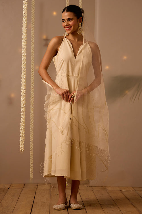 Okhai Embellish Mukaish and Khaat Bharat work Dress with Dupatta