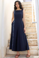 Ocean Tide Navy Blue Mirror Work Hand Embroidered Cotton Jumpsuit Online