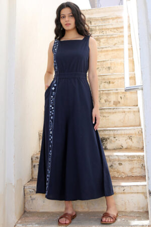 Ocean Tide Navy Blue Mirror Work Hand Embroidered Cotton Jumpsuit Online