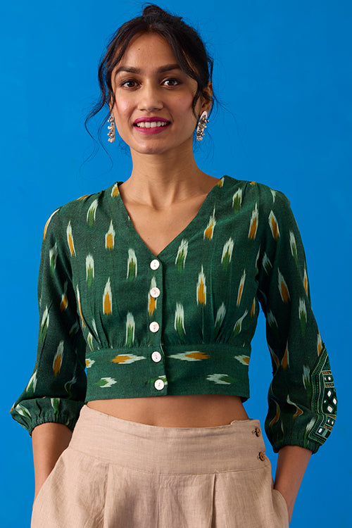 Okhai Verdine Hand-Embroidered Mirrorwork Pure Cotton Ikkat Green Top - Image 3